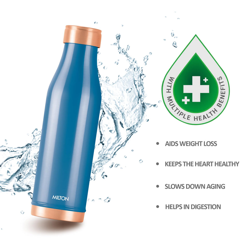 MILTON Copper Charge Water Bottle, 930 ml, Dark Blue | Lacquer Coating, Curved Bottle | Diwali | Festive | Gifting | Yoga | Home | Kitchen | Vedic