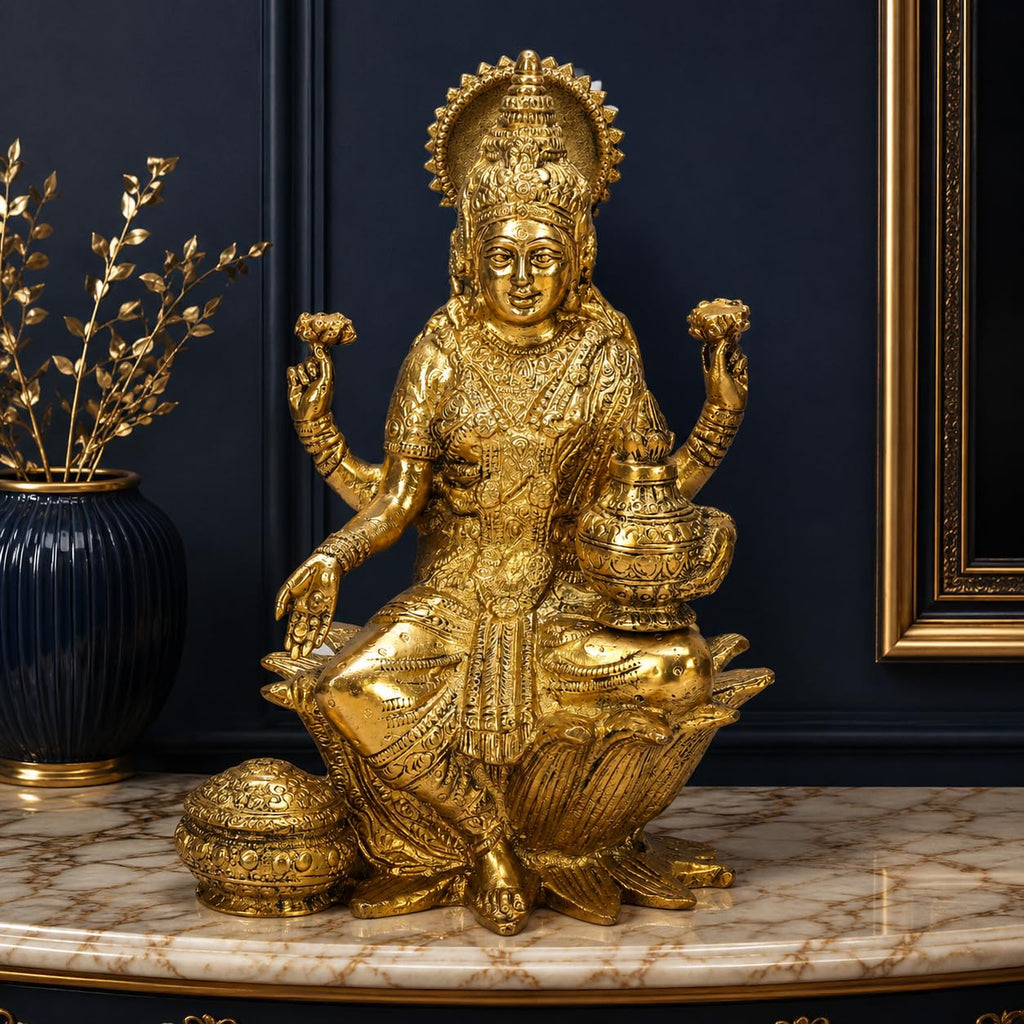 ARTVARKO Brass Goddess Lakshmi Idol Statue of Prosperity Statue Laxmi Maa Sitting on Lotus for Home Puja Mandir Temple Height 7 Inch