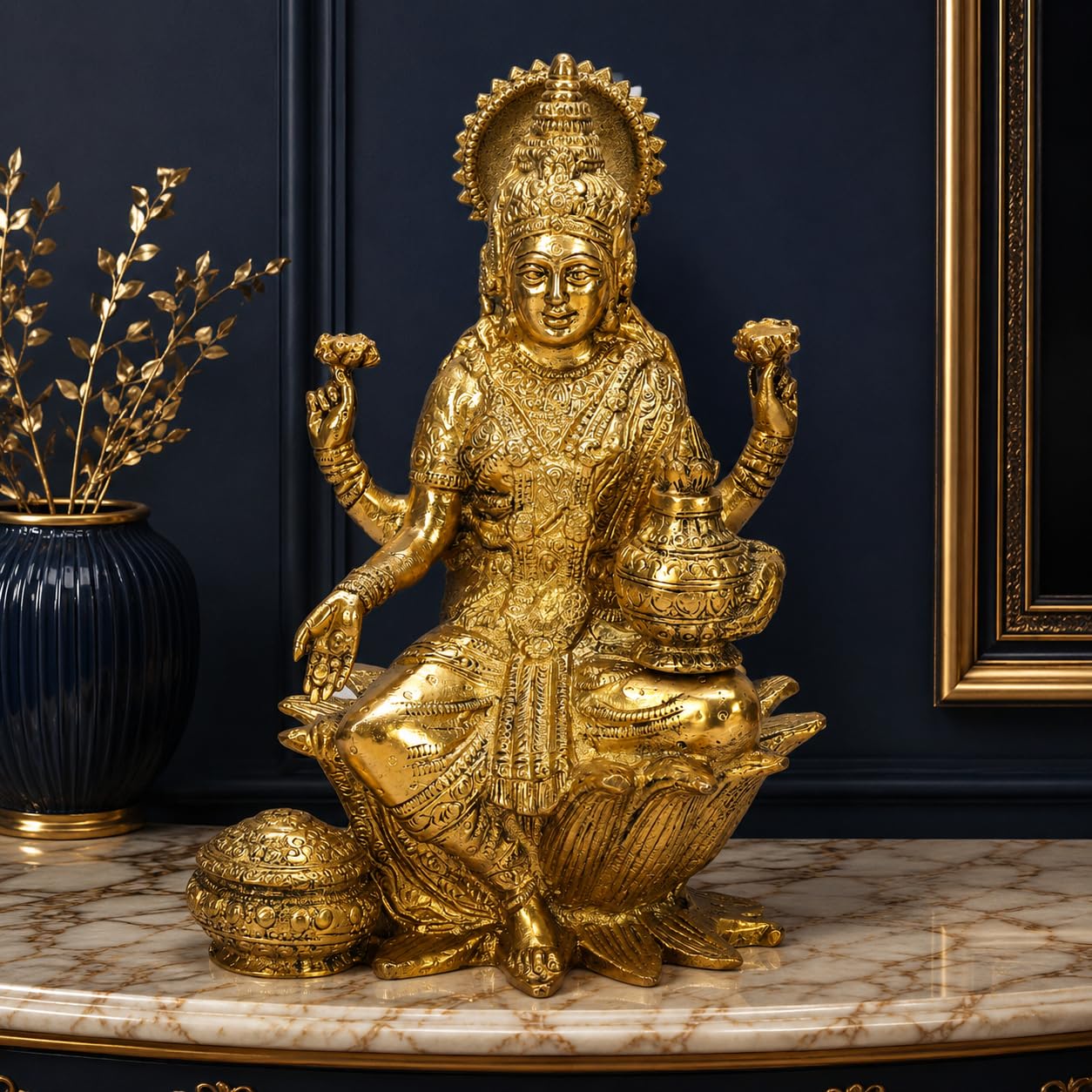 ARTVARKO Brass Goddess Lakshmi Idol Statue of Prosperity Statue Laxmi Maa Sitting on Lotus for Home Puja Mandir Temple Height 7 Inch