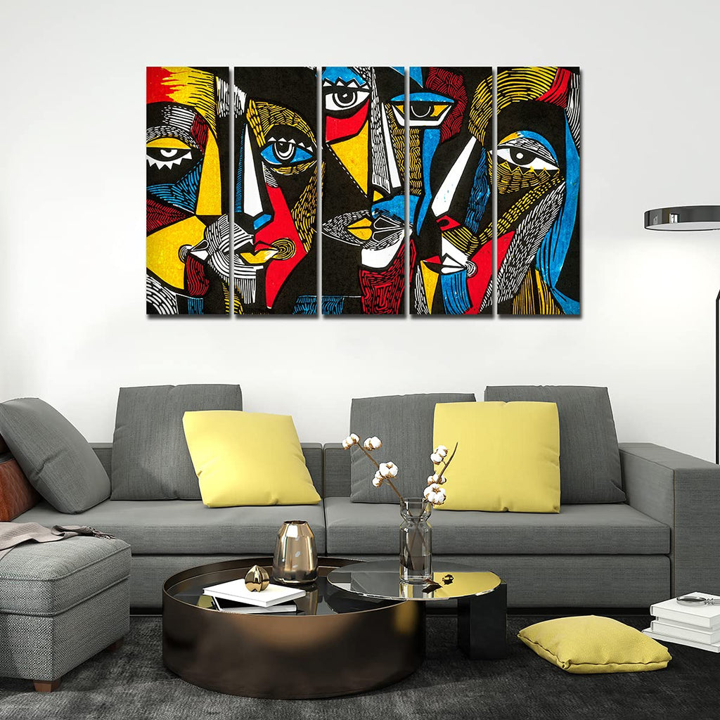 VIBECRAFTS Colorful Abstract Faces 5 Pieces Premium Wall Painting For Home|Office|Living Room|Gift (PTVC5Pcs4_8501)