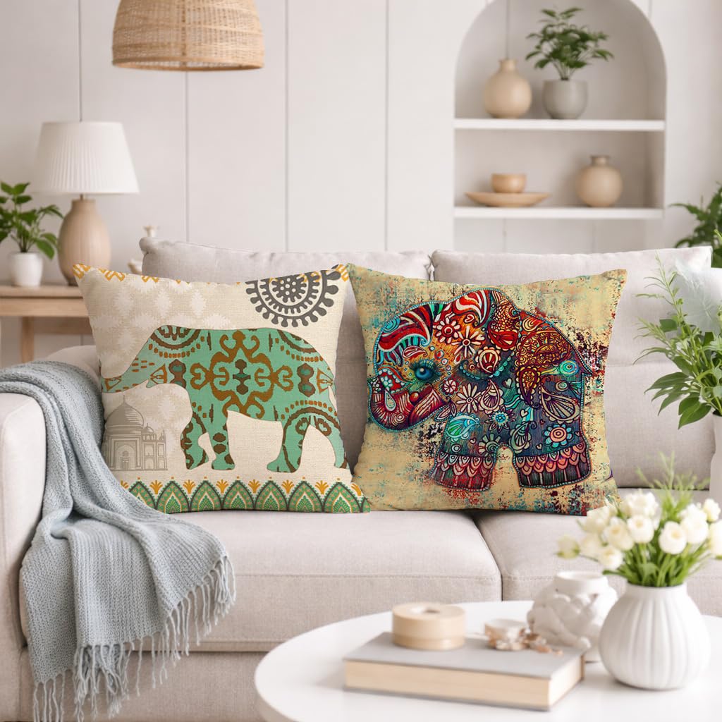STITCHNEST Set of 2 Gajraj Folk Art Collection Printed Jute Cushion Covers 24x24 Inches | Decorative Throw Pillow Covers for Sofa, Living Room, Bedroom | Perfect for Home Decor