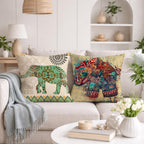 STITCHNEST Set of 2 Gajraj Folk Art Collection Printed Jute Cushion Covers 24x24 Inches | Decorative Throw Pillow Covers for Sofa, Living Room, Bedroom | Perfect for Home Decor