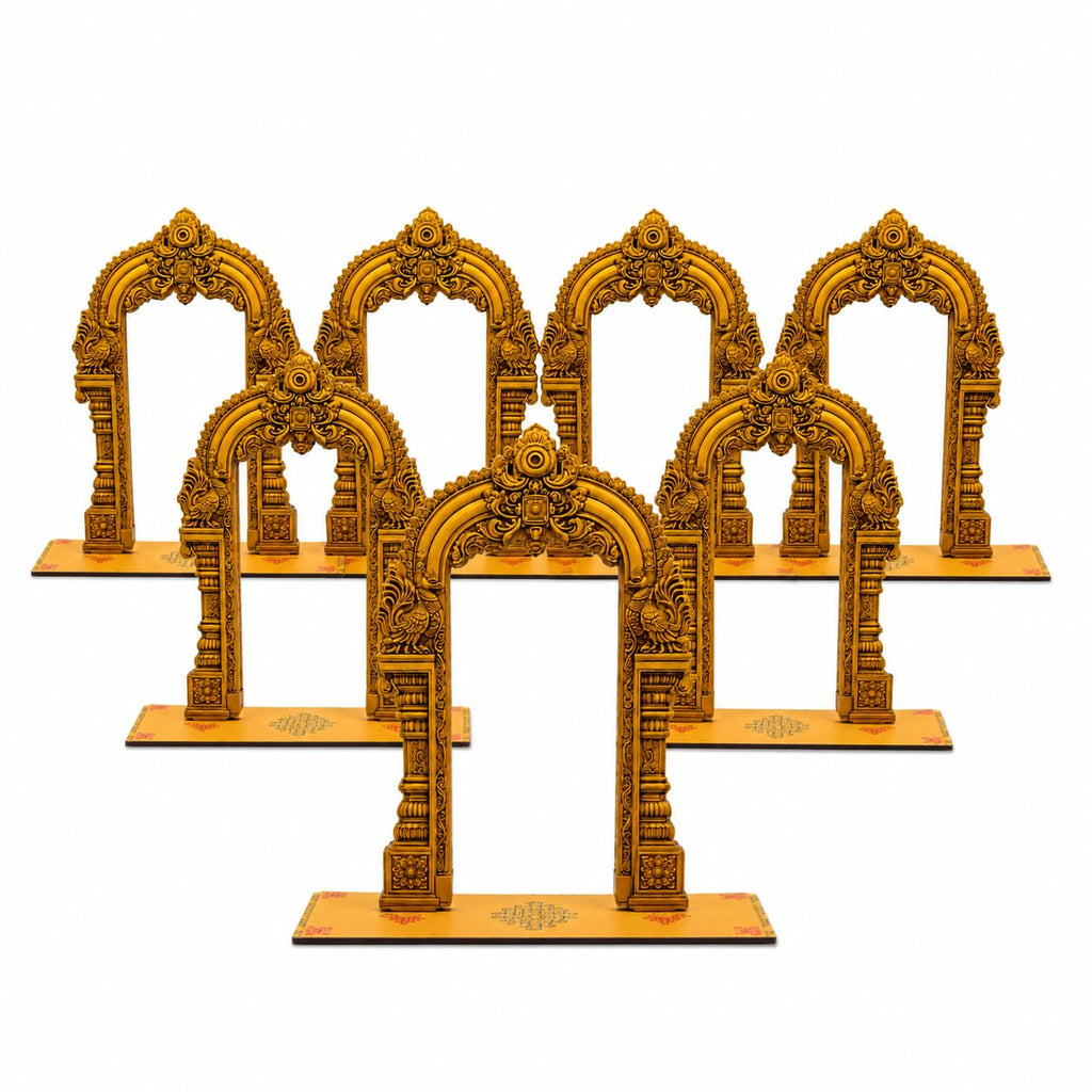 Satvaikya Decorative Temple Arch Set for Pooja & Sapta Shanivarala Vratam | 7 Premium MDF Mandir Arches for Festival Decoration, Golu Display & Home Temple Décor | Golden South Indian Temple Design