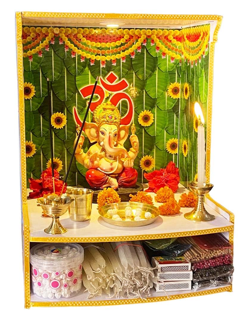 HOMECUTE Wooden Pooja Stand for Home & Office, Wall Mounted Temple with LED Spot Light (Size-30.5X27X40.5 cm)