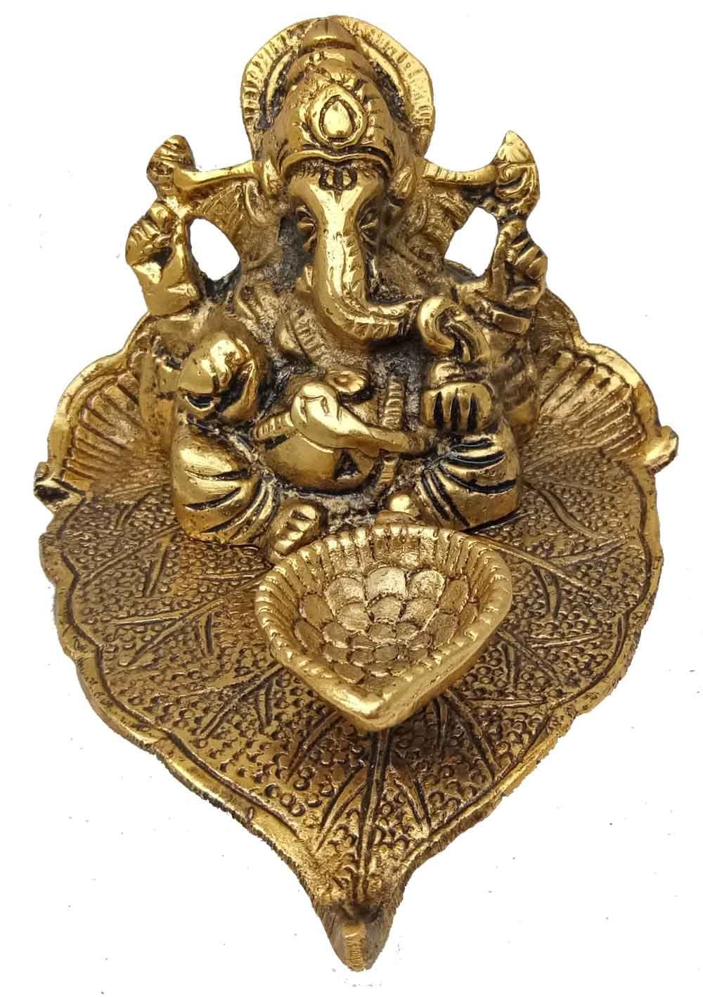 RCI Handicrafts Ganesha Sitting on Leaf with Diya Gold Plated Home Decor (White Metal, 7X9x12cms, Gold)