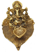 RCI Handicrafts Ganesha Sitting on Leaf with Diya Gold Plated Home Decor (White Metal, 7X9x12cms, Gold)