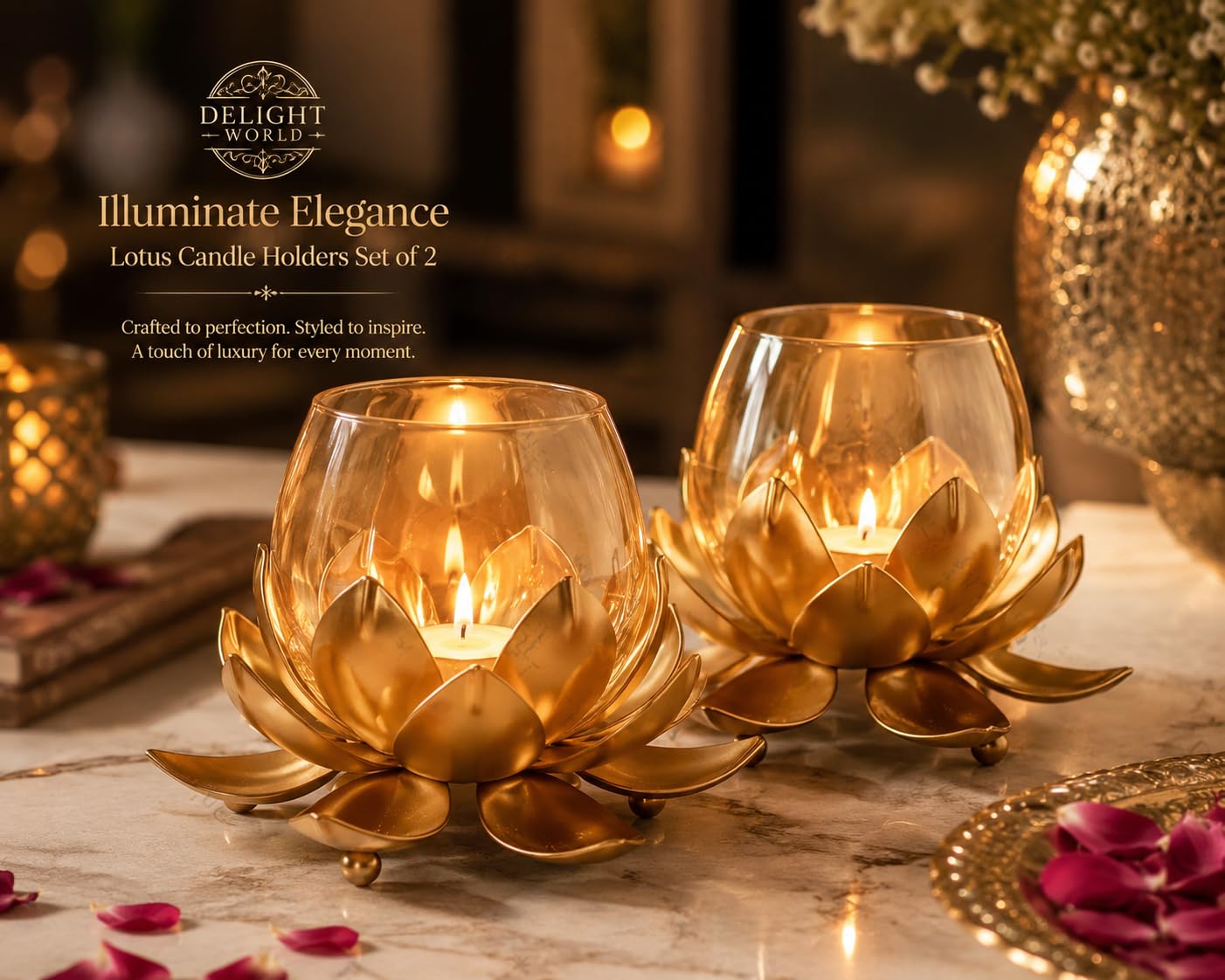 Delight World Lotus Tealight Candle Holder Set of 2 – Golden Metal & Glass Decorative Candle Stand for Home Decor, Diwali Decoration, Table Centerpiece, Living Room, Wedding & Festive Decor
