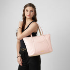 Caprese Jimny Horizontal 16 Inch Laptop Compatible Large Tote Bag for Women with Comfortable Straps | Stylish Shoulder & Handheld Bag | Multi-Compartment Design for Work, Travel (Powder Pink)