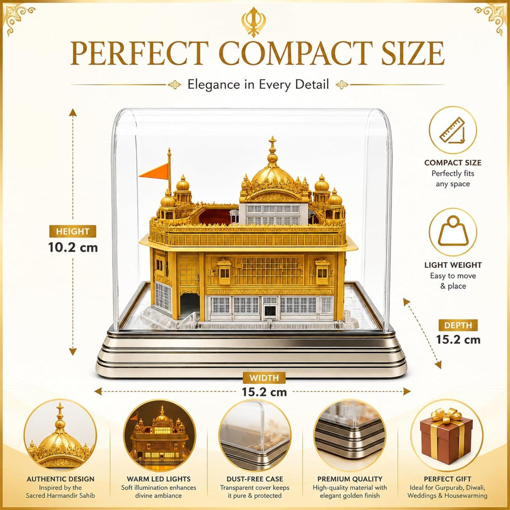 LYF Trend Golden Temple Harmandir Sahib Replica with LED Lights & Premium Display Case – Mini Religious Showpiece for Home Decor & Gifting