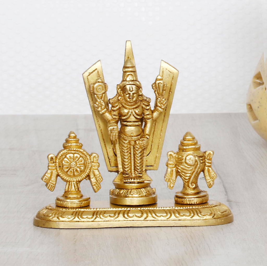 ARTVARKO Brass Tirupati Balaji Statue with Shanku Chakra Sri Venkateshwara Idol Venkateshwar Figurine for Home Office Gold Color 4 Inch.