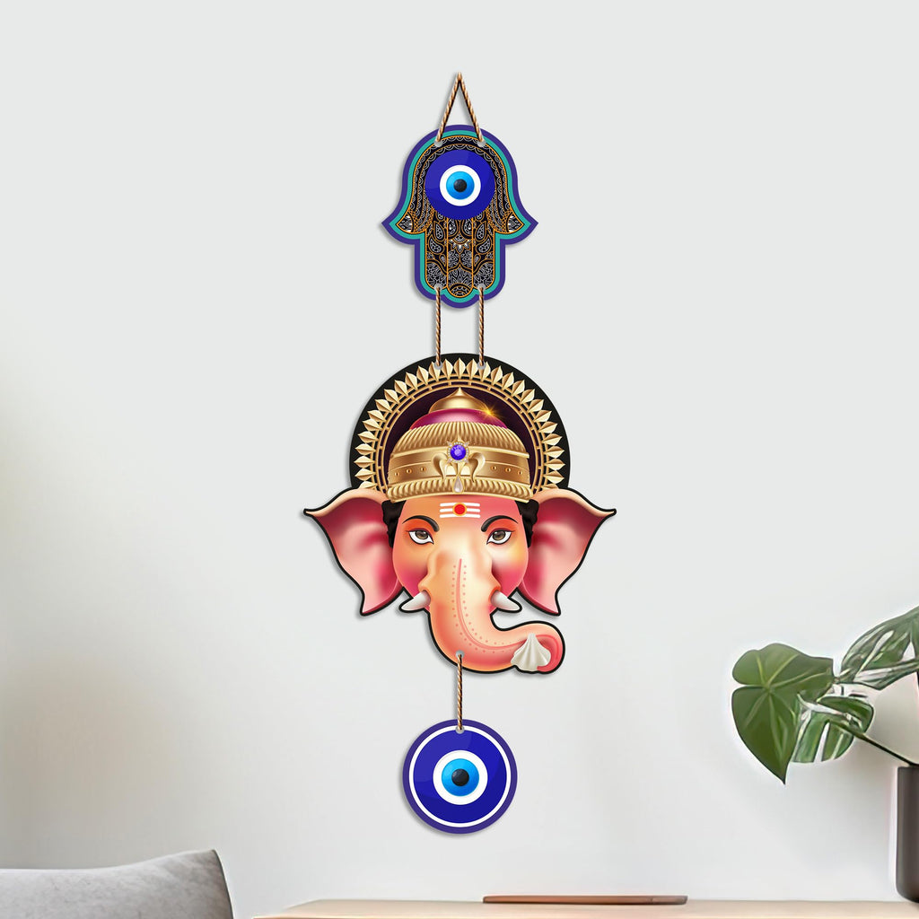 Artvibes Shree Ganesha Nazar Raksha Wall Hanging for Home Entrance | Evil Eye Protection Decor for Living Room Bedroom Office Temple | Positive Energy Spiritual MDF Decorative Gift Item (WH_8563N)