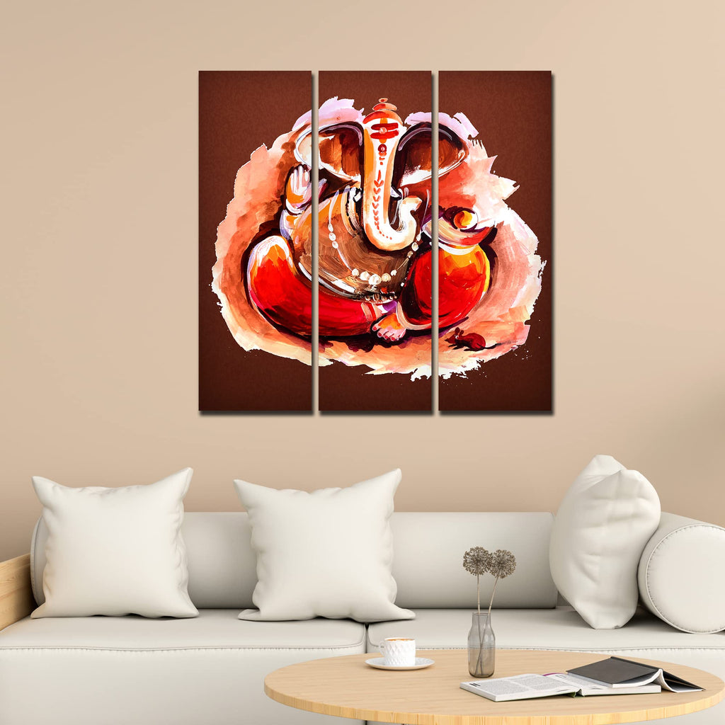 VIBECRAFTS Devotional Shree Ganesha 3 Pieces Canvas Wall Painting Fitted With Wooden Frame For Home | Office | Living Room | Gifts (PTVC3Pcs1_9578)
