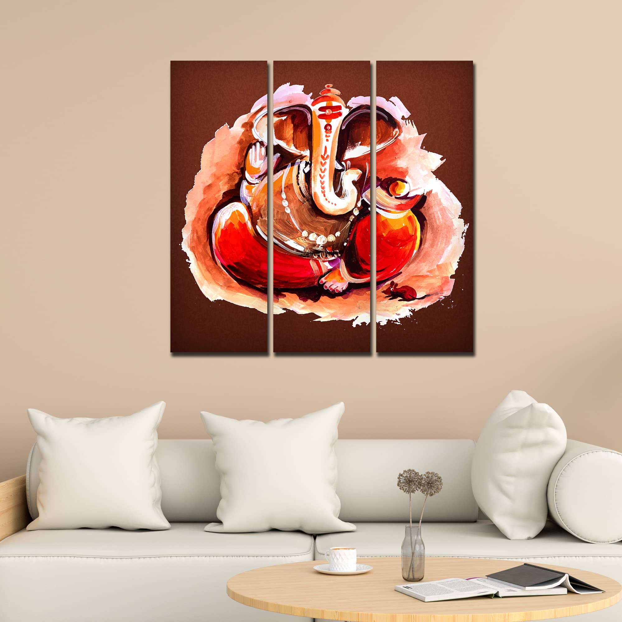 VIBECRAFTS Devotional Shree Ganesha 3 Pieces Canvas Wall Painting Fitted With Wooden Frame For Home | Office | Living Room | Gifts (PTVC3Pcs1_9578)