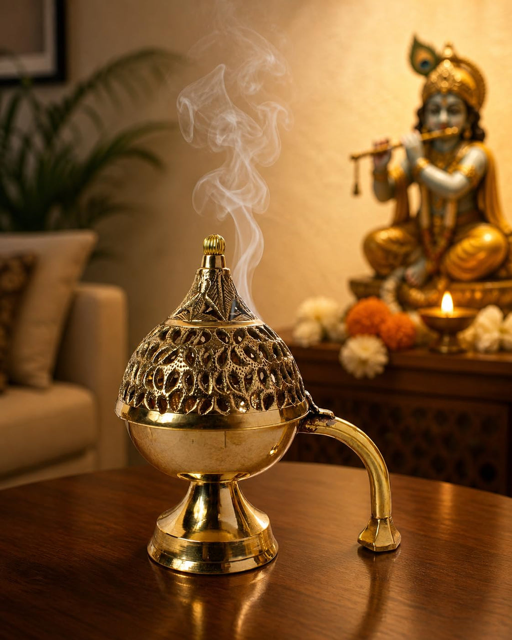 Artvarko™ Brass Incense Loban Dani Holder Dhuna Charkol Dhoop Dani Aarti Loban Burner Purifying with Handle Big Size (7x4.5x7 Inch)