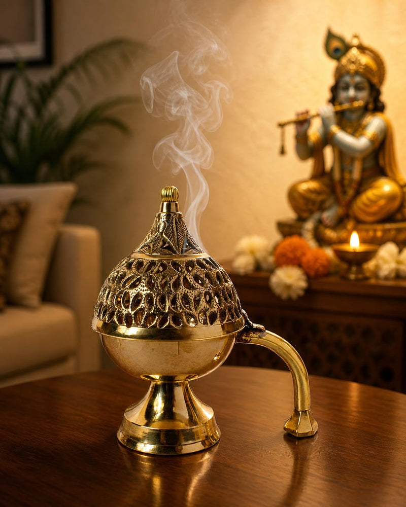 Artvarko™ Brass Incense Loban Dani Holder Dhuna Charkol Dhoop Dani Aarti Loban Burner Purifying with Handle Big Size (7x4.5x7 Inch)