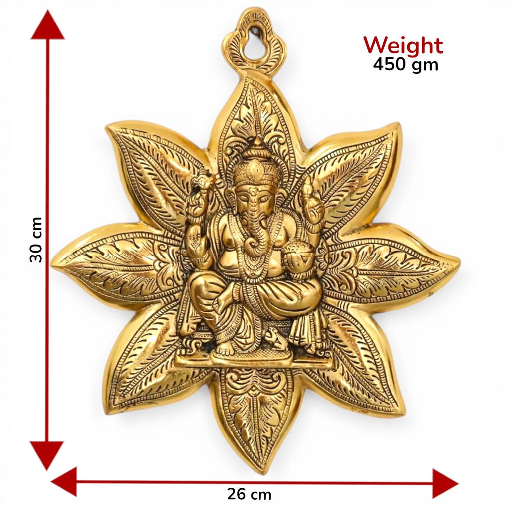 KridayKraft Metal Ganesha Wall Hanging, Golden Finish, Star Shaped Decorative, 30 cm Height, 26 cm Width, 550 GM