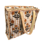 The House of RajPadmini Floral Quilted Cotton Shopping Tote Bag, 16x16 inches, Striped Trim, External Bottle Pocket (Floral Yellow (250 GSM Cotton))