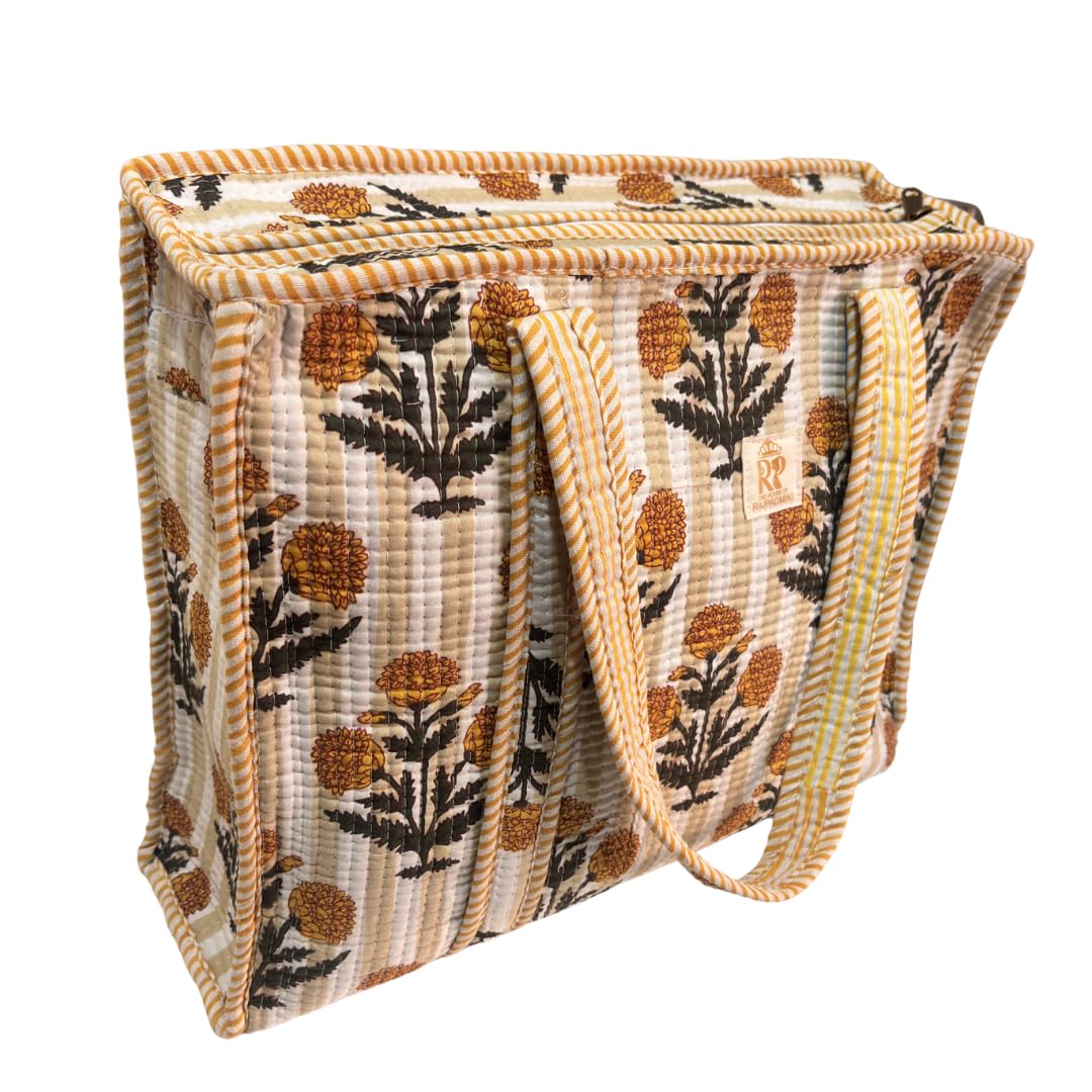 The House of RajPadmini Floral Quilted Cotton Shopping Tote Bag, 16x16 inches, Striped Trim, External Bottle Pocket (Floral Yellow (250 GSM Cotton))
