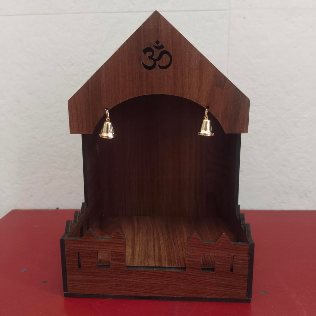 Mini Pooja Mandir Temple, Acrylic, Traditional Indian Style, with Om and Lotus Mandala, for Car, Office Desk and Home (1, Wooden)
