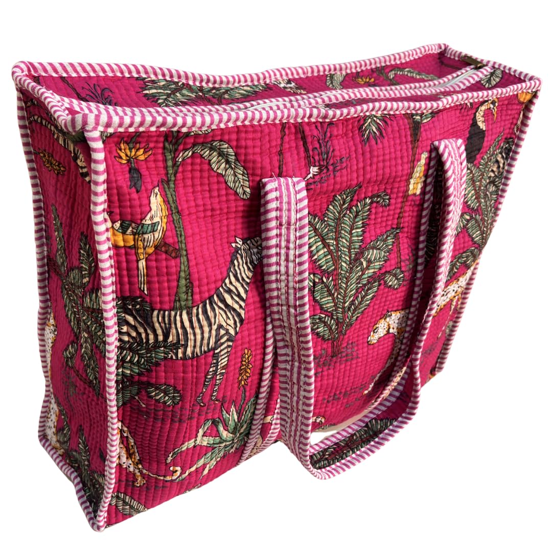 Bazaar Bhoot Edition Premium Cotton Quilted Shopping Tote Bag - Multipurpose Long Lasting Foldable Reusable Bag with zipper for Shopping, Travel & Daily Use - Made in India (Animal Print Black)