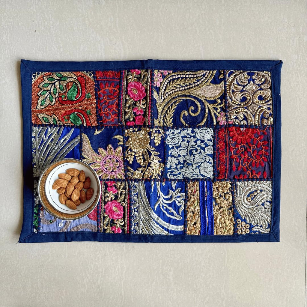 ATRANGI STUDIO Patchwork Table Mat | Traditional Rajasthani Khambadiya Placemat | Handmade Reusable Dining Table Mat for Home Decor | Colourful Dining Setup | 12x18 Inch, Blue