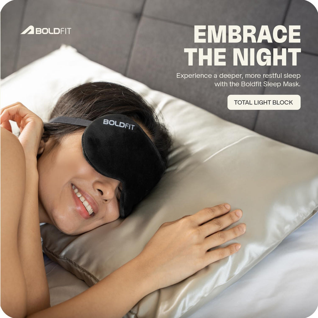Boldfit Eye Mask for Sleeping with Adjustable Strap Super Soft Sleeping Mask Blind Fold for Comfortable Sleep Travelling Sleep Mask Pad for Girls Sleeping Eye Mask Blind Folds for Sleeping - Black