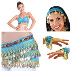 VRITRAZ Women's Velvet Belly Dance Hip Scarf Waistband Belt Colors Beads and Golded Coins (Blue, Pack of 3)