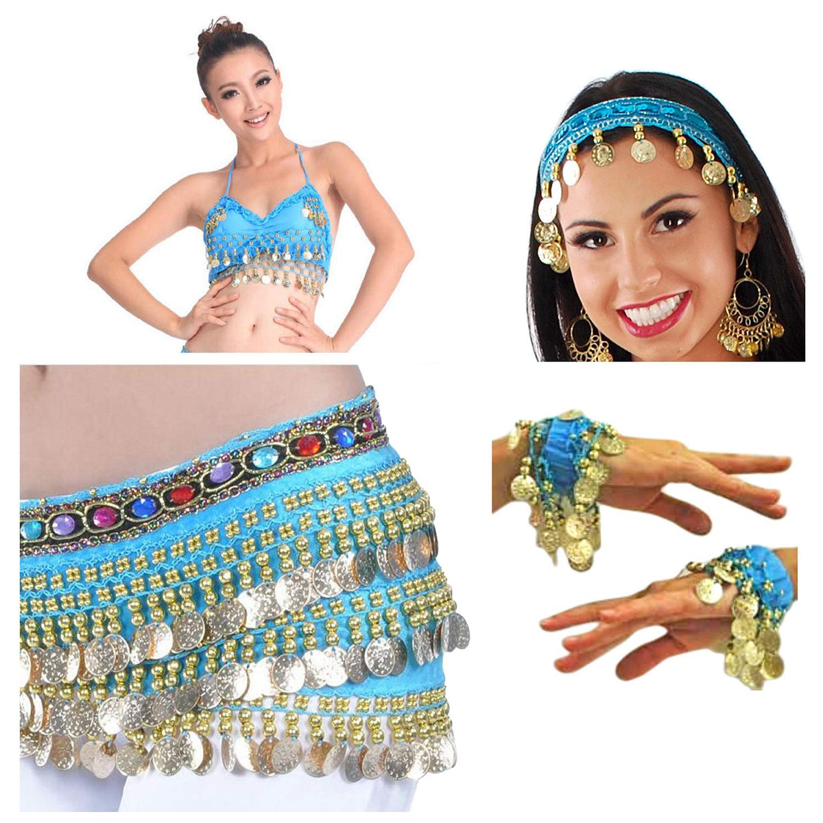 VRITRAZ Women's Velvet Belly Dance Hip Scarf Waistband Belt Colors Beads and Golded Coins (Blue, Pack of 3)