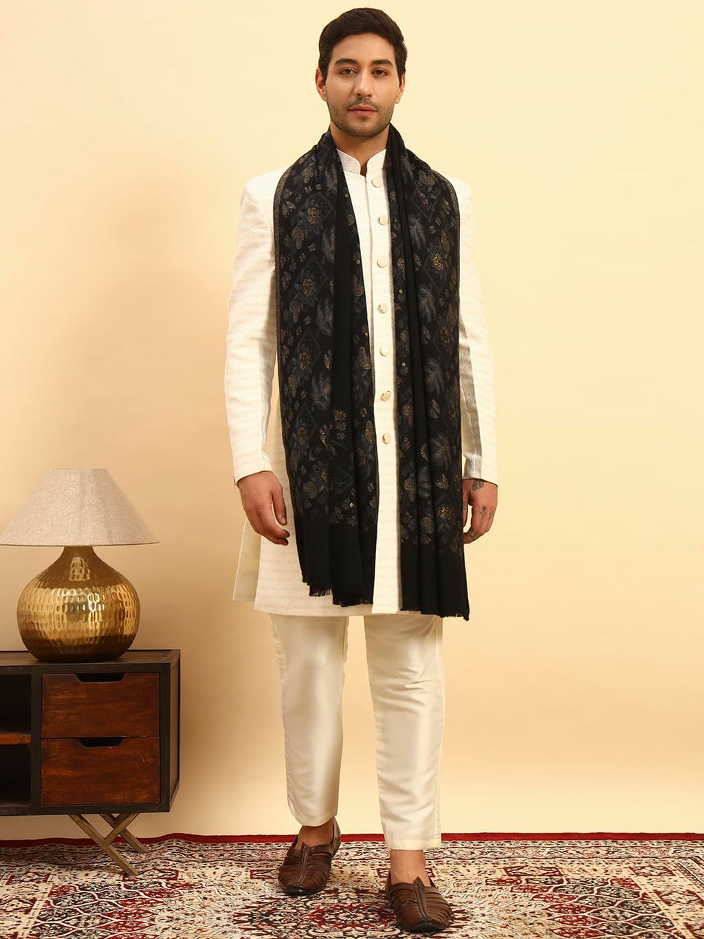 Pashmoda Men Eternal Blooms Kaani Stole, Authentic Kashmiri Luxury Pashmina Style Shawl, Stole, Small Size Gents Lohi, (Size 28x80 Inches,Black Color) MAVST08