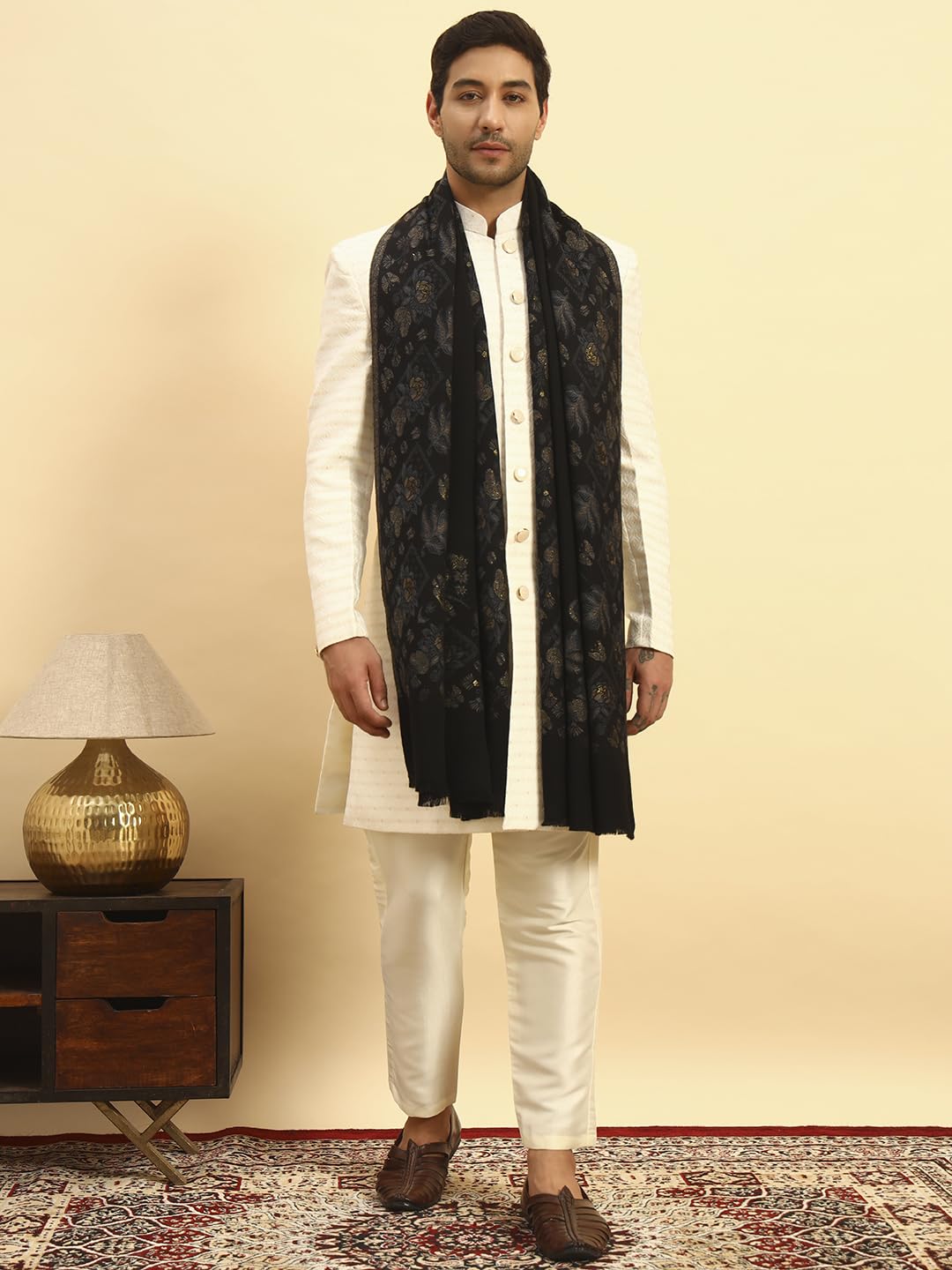 Pashmoda Men Eternal Blooms Kaani Stole, Authentic Kashmiri Luxury Pashmina Style Shawl, Stole, Small Size Gents Lohi, (Size 28x80 Inches,Black Color) MAVST08