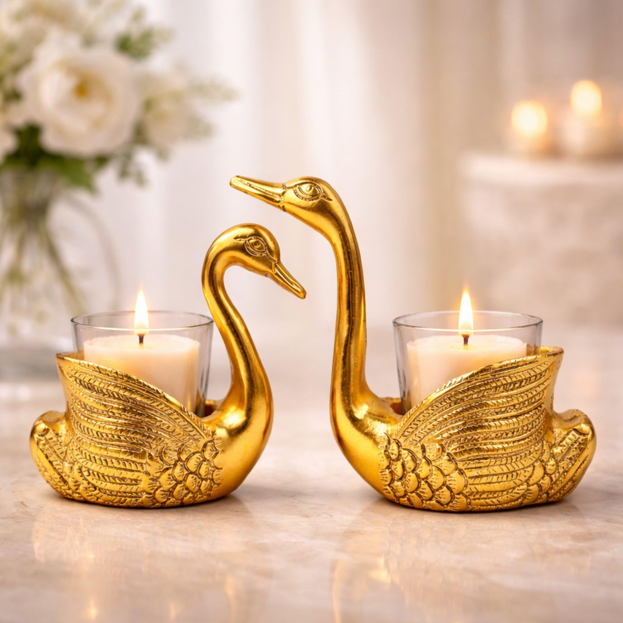 AROFER Aluminium Pair of Swan Showpieces | Tealight Glass Bowls | Gold Finish Decorative Candle Holder Stand | Home Decor Accent | Candle Light Dinner Decoration Set | Swan Pair Centerpiece