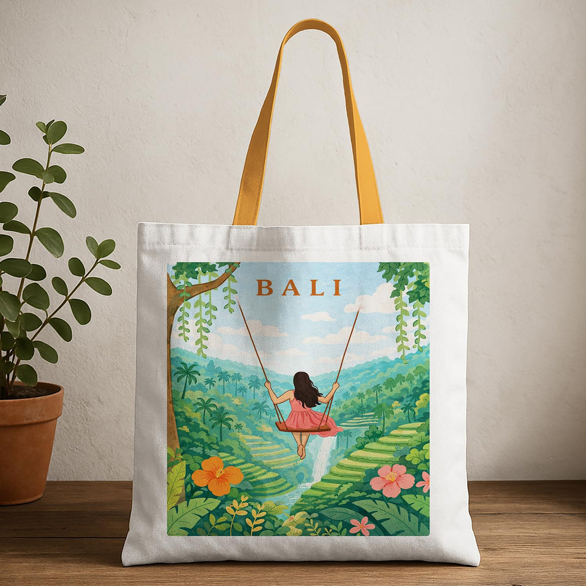 The Purple Tree WanderTote Travel Theme Tote Bag for Women, Aesthetic City Print Canvas Shoulder Bag, Reusable Eco-Friendly bag for Shopping & Everyday Carry Tote (Bali Edition)