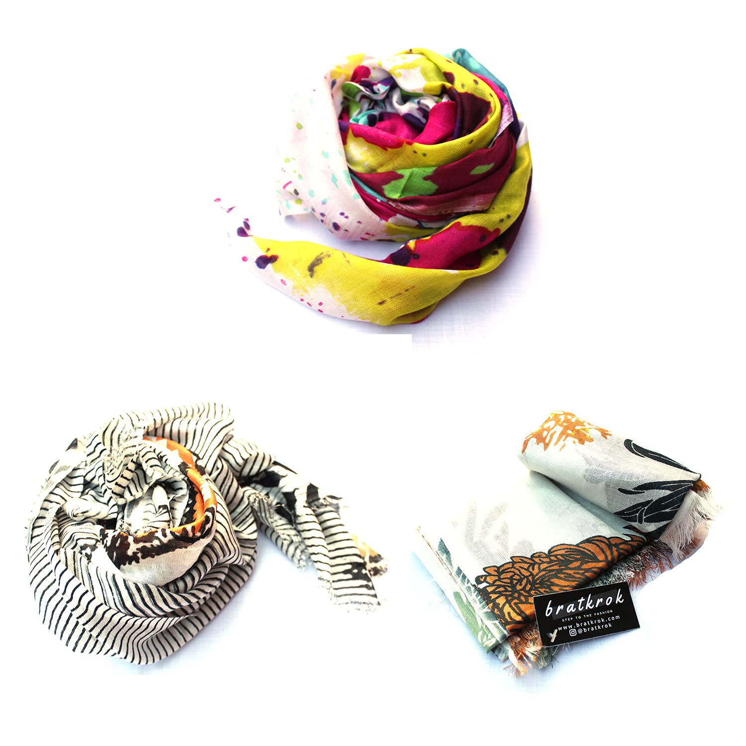bratkrok WOMEN'S TRENDY FLORAL PRINTED RAYON SCARVES/STOLES MULTICOLOUR (PACK OF 3)