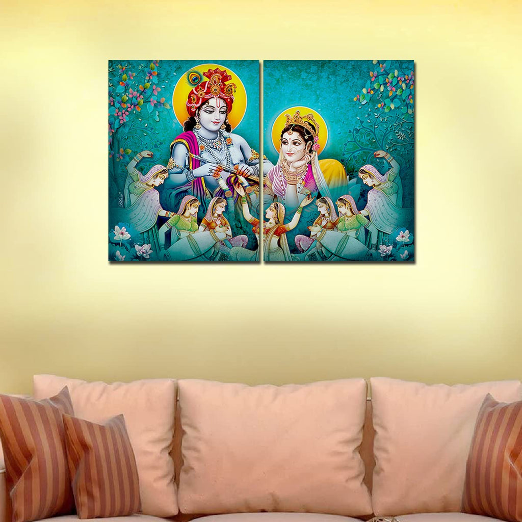 VIBECRAFTS 2 Pieces Beautiful Shree Radha Krishna Canvas Wall Painting Fitted With Wooden Frame For Home | Office | Living Room | Gifts(PTVC2Pcs1_17509)