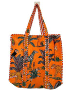 Vaishnav Exports Orange Quilted Cotton Tote Bag for Women | Handcrafted Jungle Safari Print Shoulder Bag | Eco-Friendly, Reusable Grocery, Travel & Beach Carryall with Spacious Design