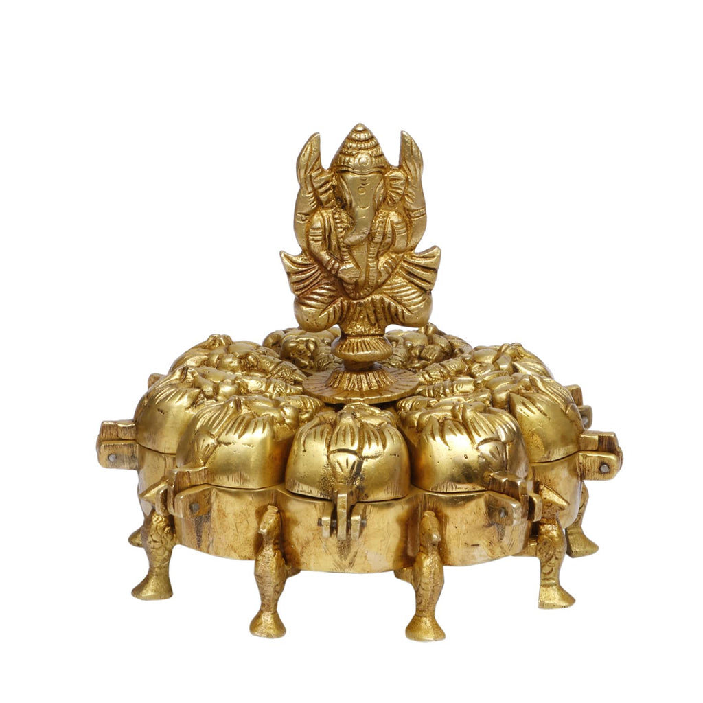 ARTVARKO Brass Ganesha Chopda Box Ganpati Idol Multiple Nine Box Compartment for Kumkum Sindoor Vermillion Worshiping Ritual Marriage Gift Gold 6 Inch