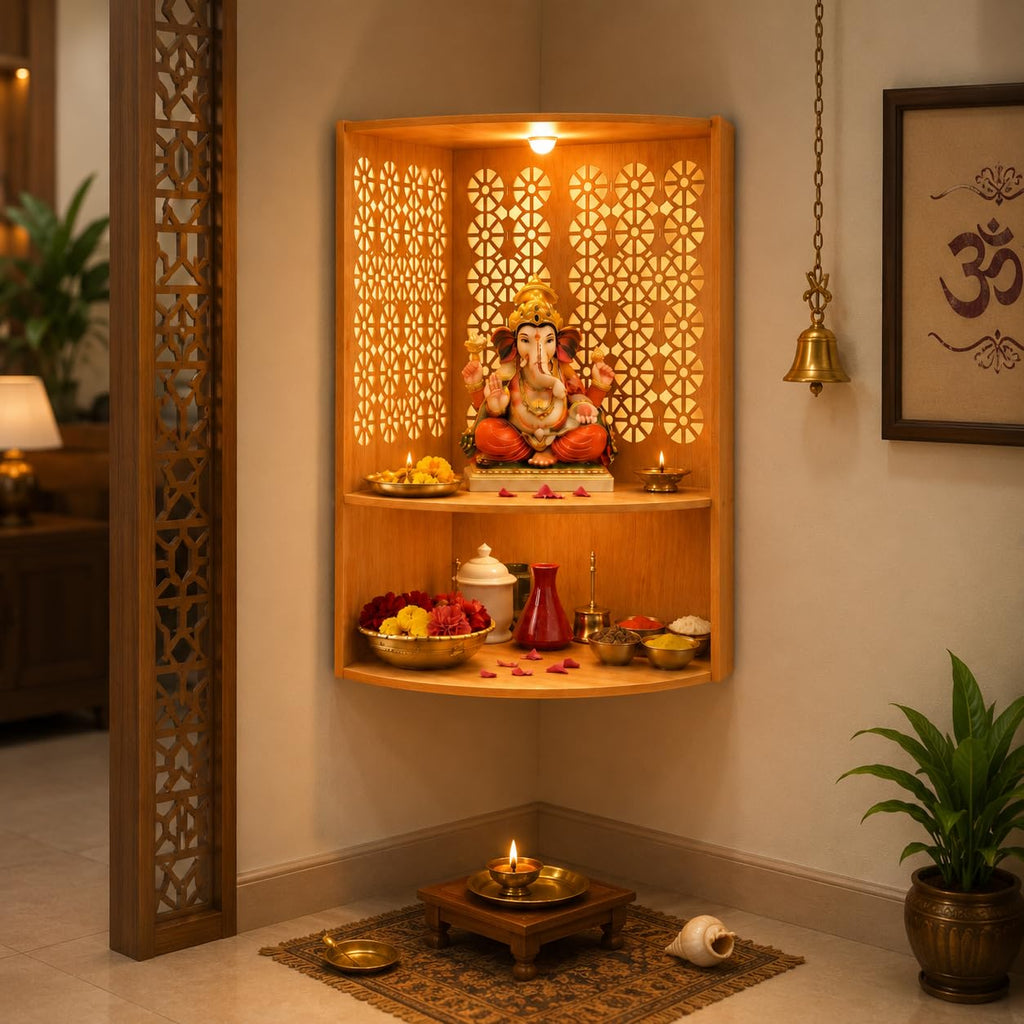 Fliptic Corner Pooja Mandir for Home & Office with LED Light | Wall Mounted Temple for Corner | Advance Laminate MDF Wooden Devghar in Bavarian Beach Finish | DIY Mandir for Living Room & Prayer Room