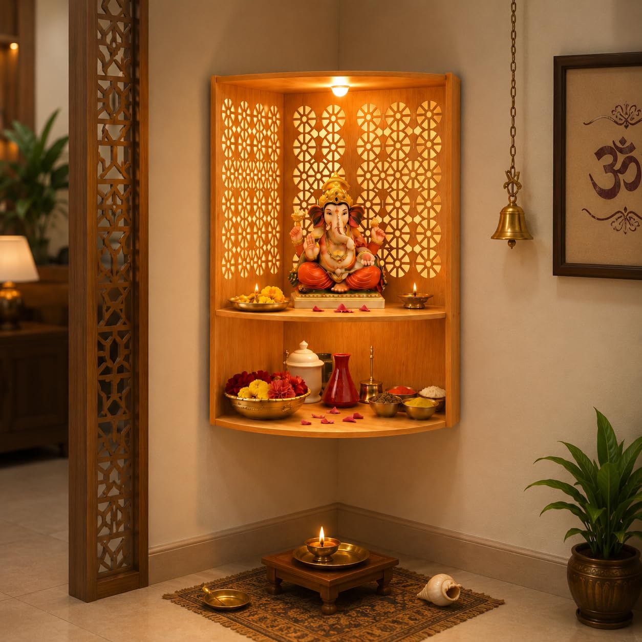 Fliptic Corner Pooja Mandir for Home & Office with LED Light | Wall Mounted Temple for Corner | Advance Laminate MDF Wooden Devghar in Bavarian Beach Finish | DIY Mandir for Living Room & Prayer Room