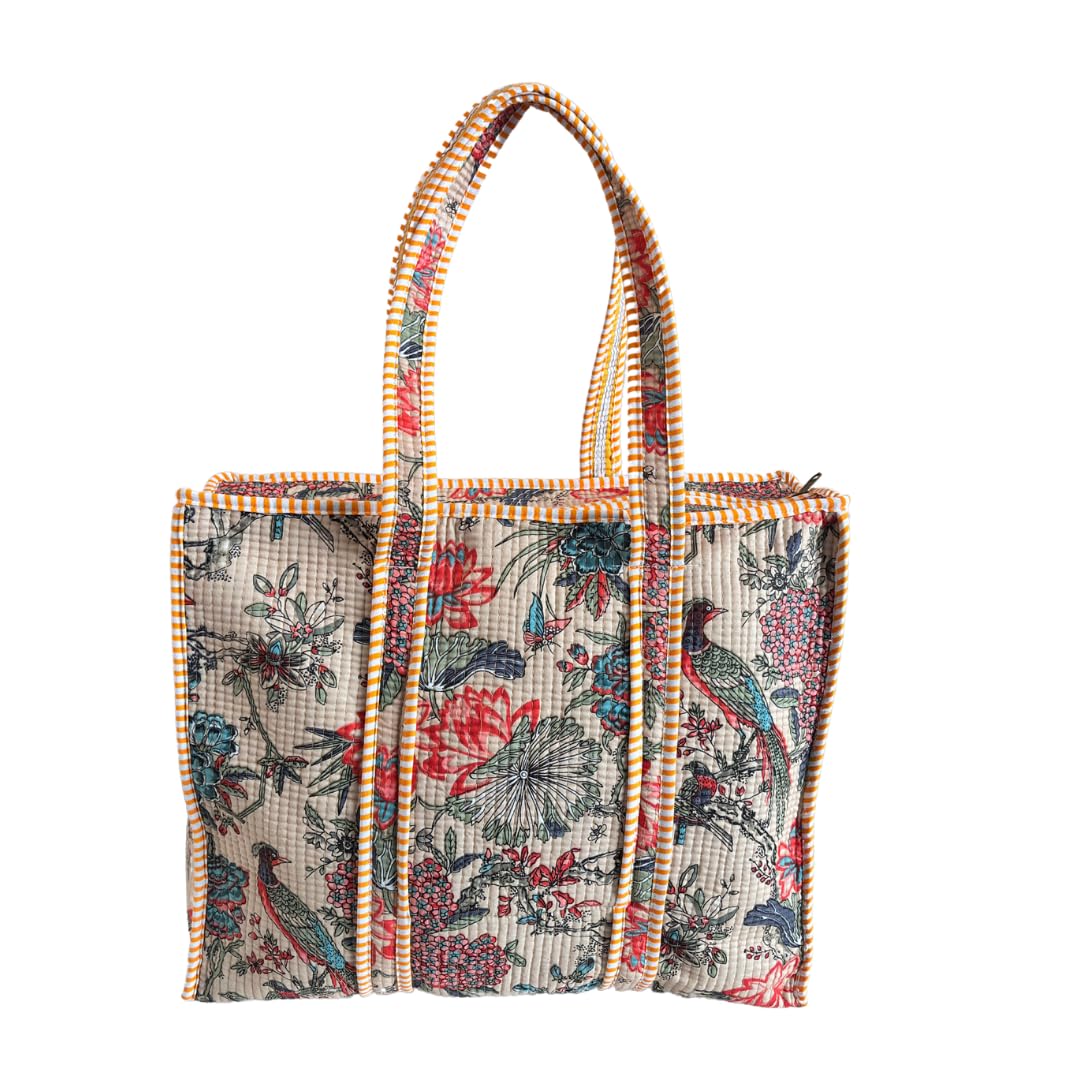 Bazaar Bhoot Edition Premium Cotton Quilted Shopping Tote Bag - Multipurpose Long Lasting Foldable Reusable Bag with zipper for Shopping, Travel & Daily Use - Made in India (Off White)