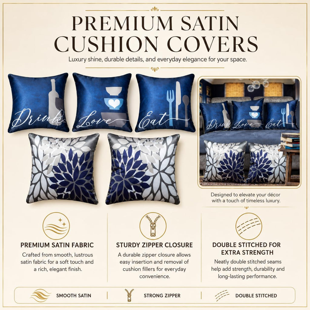 Vendola Decorative Satin Sofa Cushion Covers Set of 5, 16 inch x 16 inch, Sofa Cushion Pillow Cover, Navy Blue, White and Grey, Floral Design, Zipper Closure (EDL, 16X16 Inches)