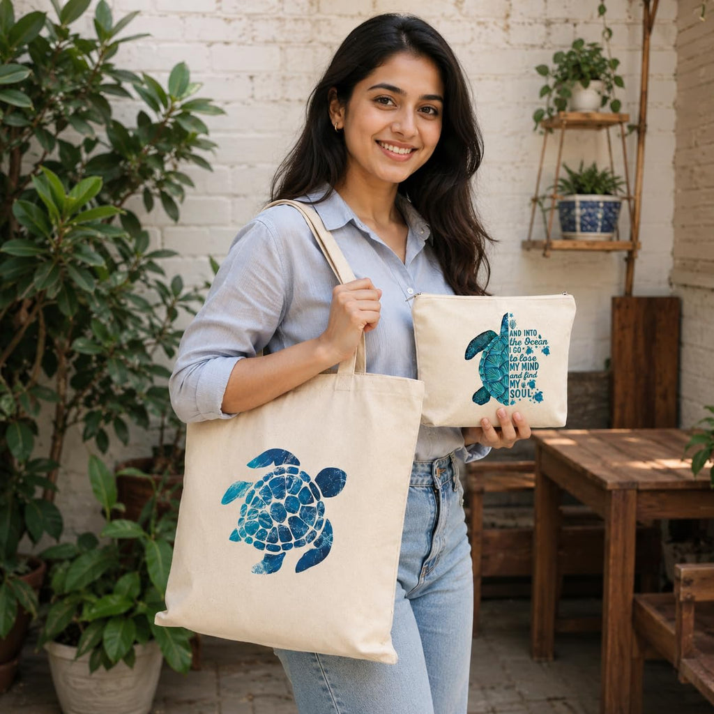Esycarry Turtle Print Canvas Tote Bag with Matching Zipper Pouch Set for Women, Nature-Themed Cotton Shopping Tote with Organizer Pouch, Reusable Handbag for Work, Travel & Everyday Use