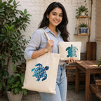Esycarry Turtle Print Canvas Tote Bag with Matching Zipper Pouch Set for Women, Nature-Themed Cotton Shopping Tote with Organizer Pouch, Reusable Handbag for Work, Travel & Everyday Use