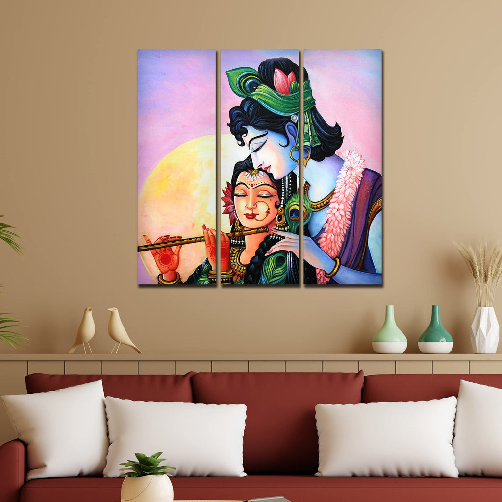 VIBECRAFTS Shri Radha Krishna With Flute 3 Pieces Canvas Wall Painting Fitted With Wooden Frame For Home | Office | Living Room | Gifts (PTVC3Pcs1_9534)