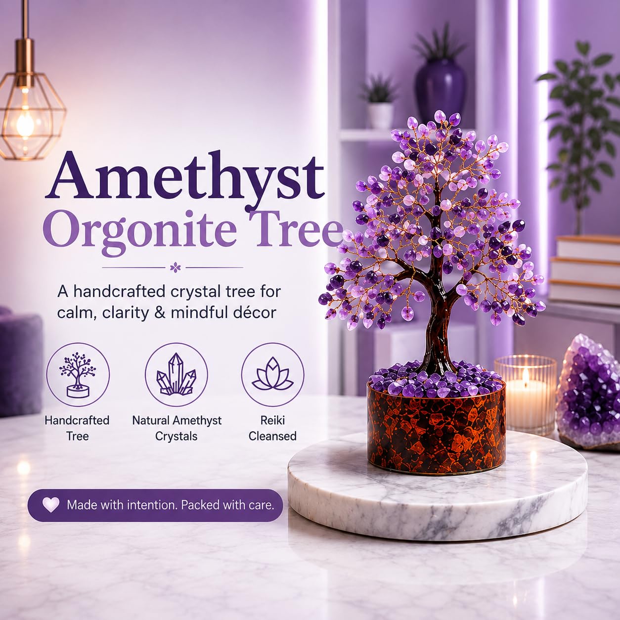 Hari Enterprises Amethyst Crystal Tree with 300 Beads | Amethyst Money Tree for Home Décor | Feng Shui Crystal Tree for Wealth, Positivity & Prosperity | Handmade Decorative Crystal Plant