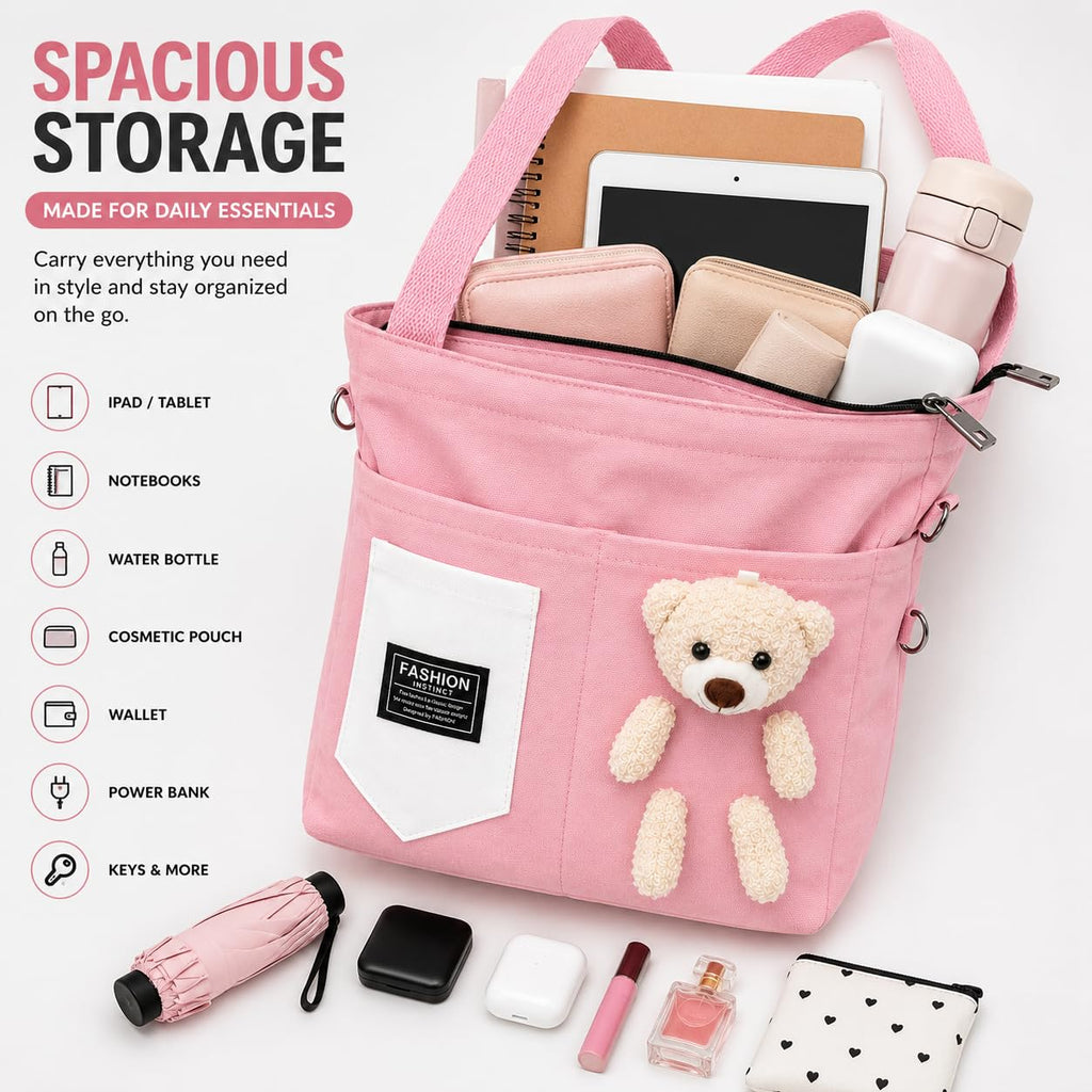 BROGBUS Canvas Tote Bag for Women with Teddy Bear Charm, 3-Way Convertible Crossbody Shoulder Handbag, Adjustable Sling Strap, Zipper Closure, College Travel Shopping Bag, Pink, 34 x 33 cm