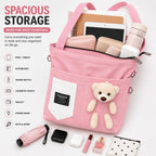 BROGBUS Canvas Tote Bag for Women with Teddy Bear Charm, 3-Way Convertible Crossbody Shoulder Handbag, Adjustable Sling Strap, Zipper Closure, College Travel Shopping Bag, Pink, 34 x 33 cm