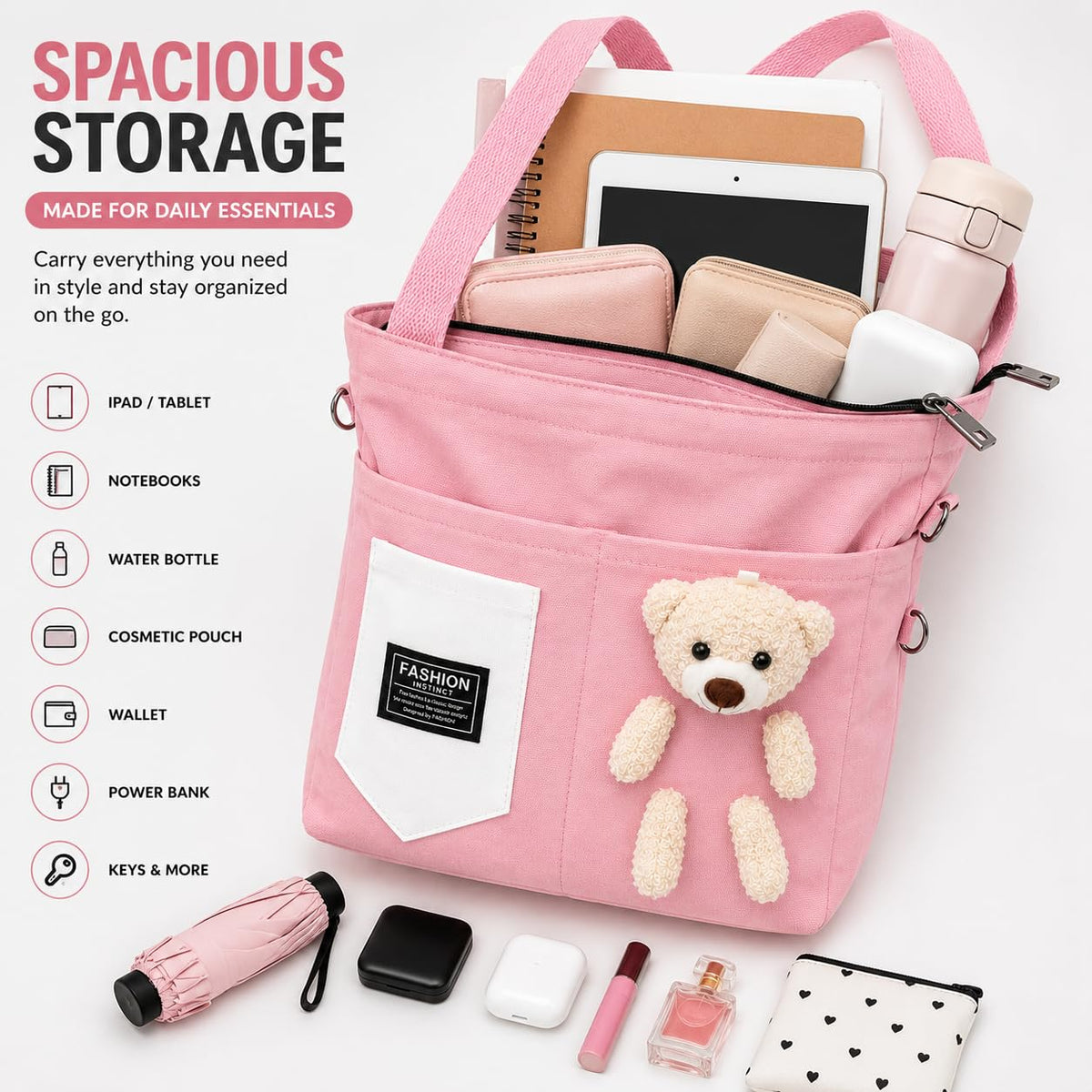 BROGBUS Canvas Tote Bag for Women with Teddy Bear Charm, 3-Way Convertible Crossbody Shoulder Handbag, Adjustable Sling Strap, Zipper Closure, College Travel Shopping Bag, Pink, 34 x 33 cm