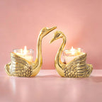 KridayKraft Antique Gold Aluminium Swan Tealight Candle Holders Set of 2 | Handcrafted Metal Bird Figurine Table Centerpiece for Living Room & Dining | Wedding, Housewarming