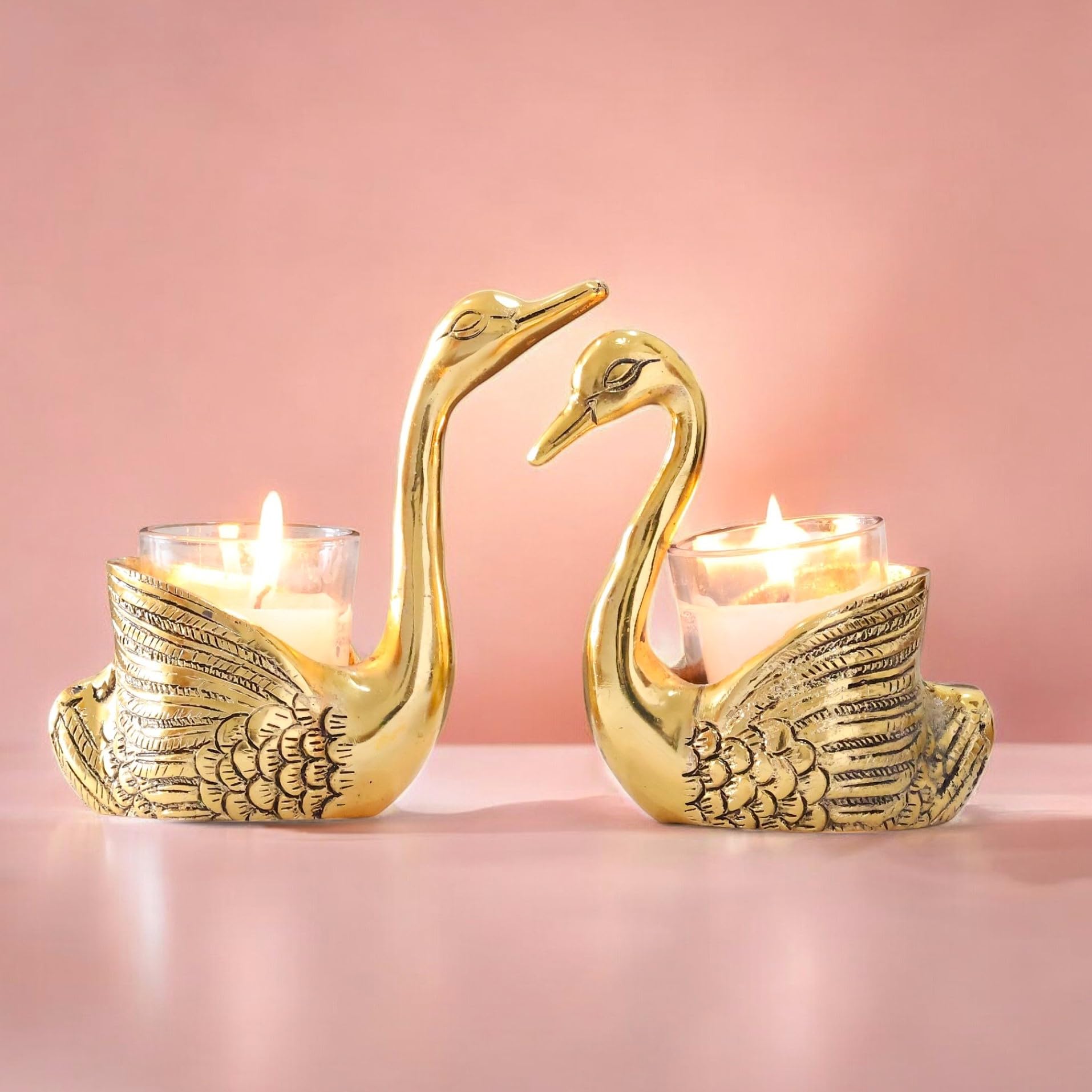 KridayKraft Antique Gold Aluminium Swan Tealight Candle Holders Set of 2 | Handcrafted Metal Bird Figurine Table Centerpiece for Living Room & Dining | Wedding, Housewarming