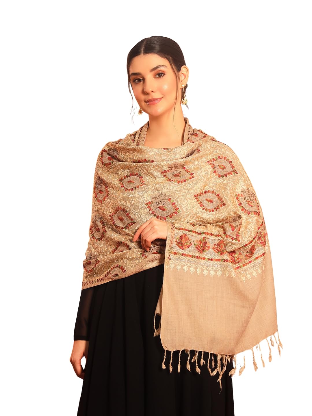 Pashmoda Women Ornate Harmony Fine Wool Nalki Embroidered Stole (Size : 28x80in, 71X203cm) EMST03